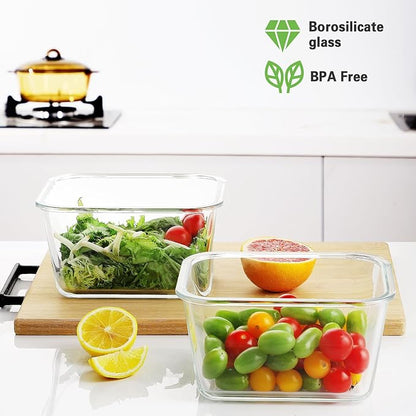 HOMBERKING 4 Pieces 63oz/8cup Large Glass Food Storage Containers with Lids, Meal Prep Containers, Airtight Bento Boxes with Leak Proof Locking (2 Containers + 2 Lids) - Microwave, Oven Safe