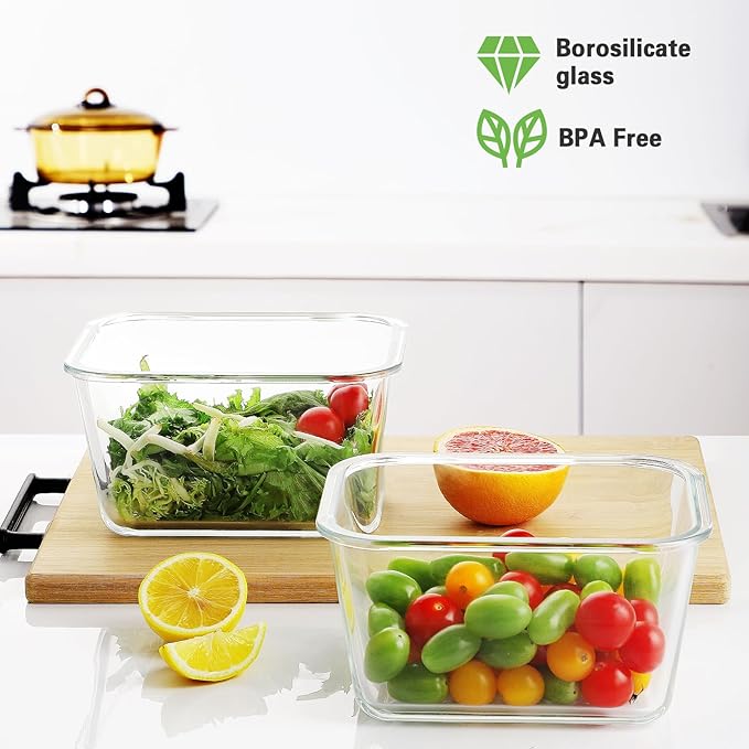 HOMBERKING 4 Pieces 63oz/8cup Large Glass Food Storage Containers with Lids, Meal Prep Containers, Airtight Bento Boxes with Leak Proof Locking (2 Containers + 2 Lids), Microwave, Oven Safe-Pink