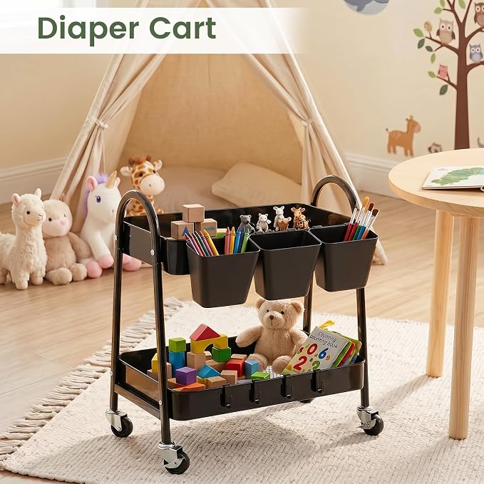 danpinera 2-Tier Rolling Cart, Utility Cart Mobile Metal Rolling Storage Cart with Lockable Wheels & Hanging Cups & Hooks for Kitchen, Bathroom, Office, Workshop