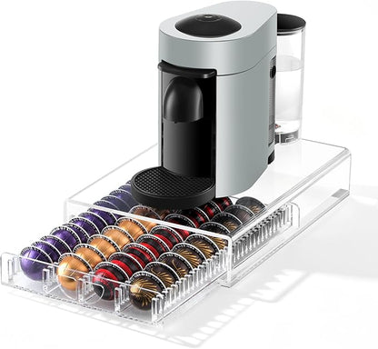 Coffee Pod Drawer Organizer for Nespresso Vertuo Pods,Acrylic Coffee Pod Holder Holds 40 Large or 60 Small Capsules or 28 K-Cups,Pull-Out Drawer with Anti-Slip Base for Home & Coffee Station,Crystal