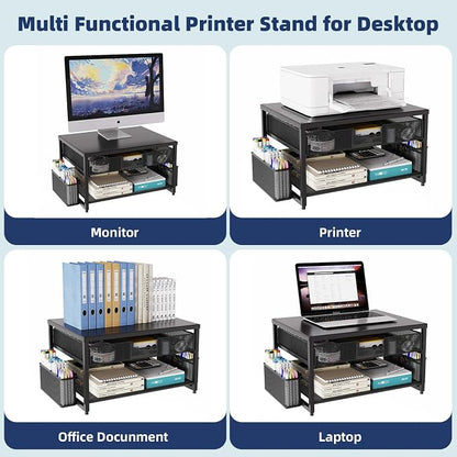 Metal Desktop Printer Stand with Storage Drawer & 2 Pen Holders,2 Tier Home Printer Riser Shelf for Desk with Paper Holder Storage,Multi-Purpose Office Desk Organizer