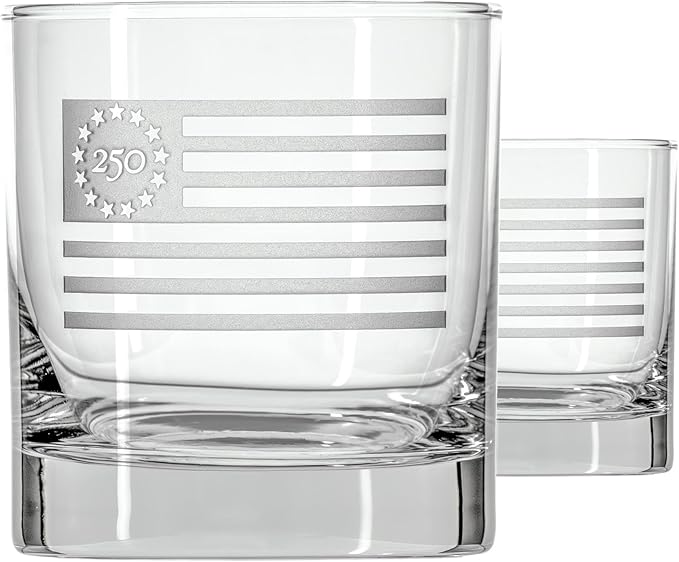 Rolf Glass America250™ Betsy Ross Flag On the Rocks Glass | 10oz Whiskey Glass | Made in America | Deep Engraved 13-Star Flag | Officially Licensed America250™ Product | Set of 2