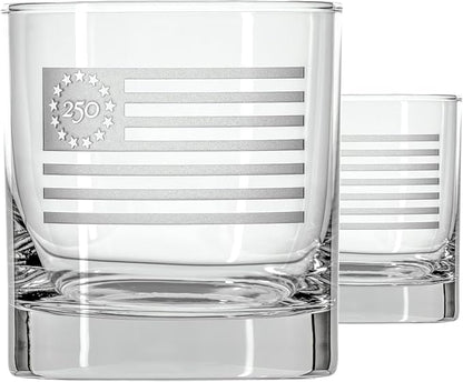 Rolf Glass America250™ Betsy Ross Flag On the Rocks Glass | 10oz Whiskey Glass | Made in America | Deep Engraved 13-Star Flag | Officially Licensed America250™ Product | Set of 2