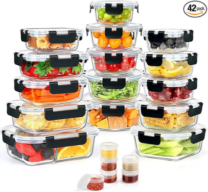 AMALEKO 42pcs Glass Food Storage Containers with Snap Locking Lids Set, Glass Meal Prep Containers (21 Container & 21 Lids),Leak Proof Lunch Containers BPA-Free,Black