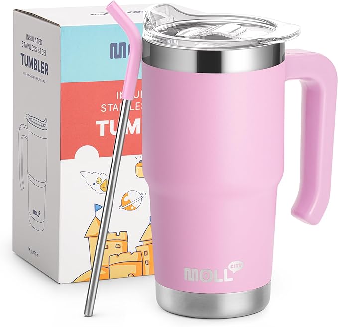 Kids Insulated Tumbler with Handle 16 oz Stainless Steel Double Wall Vacuum Tumbler Cups Travel Coffee Mug with Lid and Straw (Purple Pink)