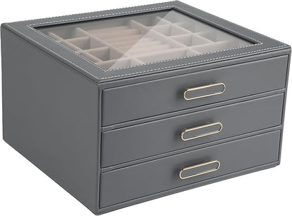 3 Layer Jewelry Organizer Box with Glass Lids & 3 Drawers - Elegant Storage Solution for Necklace, Rings，Earrings, and Bracelets - Perfect for Women ASK-301 (Grey)