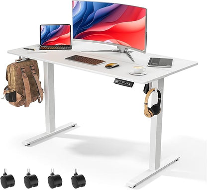 48 x 24 inch Electric Standing Desk Adjustable Height with 4 Wheels, 4 Memory Height Settings, 2 Headphone Hook, for Home Office, Splice Board White