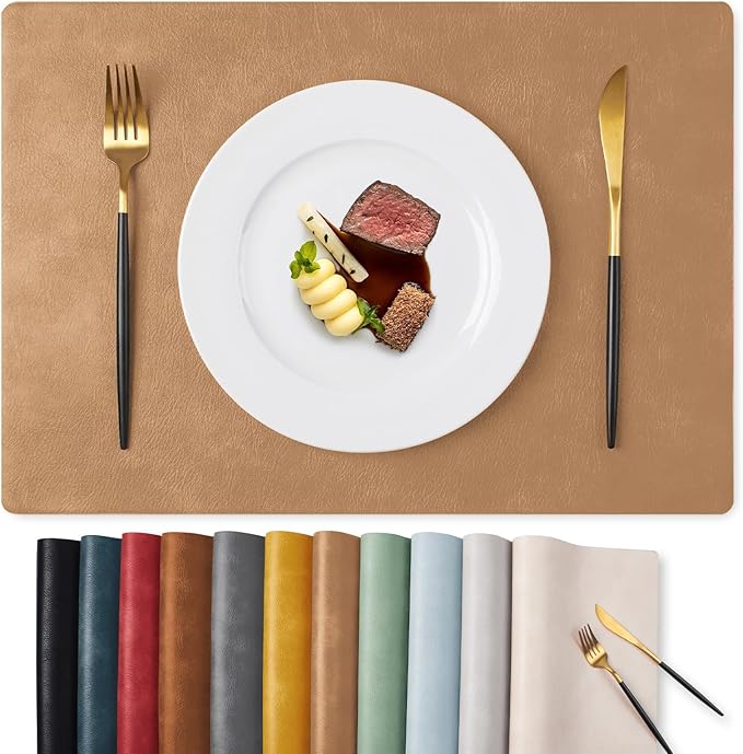 MOSAYT Vinyl Placemats Set of 8-12 X 17 Inch - Faux Leather 100% Waterproof Oil-Proof Wipeable PU Place Mats, Heat Resistant Reversible Table Mats for Kitchen, Dining, Outdoor (Camel)