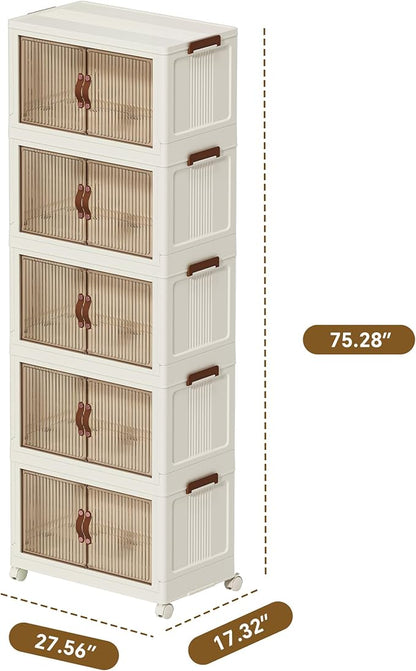656 QT Large Plastic Storage Bins with Drawer, Stackable Storage Container with Wheel, Collapsible Folding Storage Cabinet Toys, Foldable Closet Organizer for Clothes, Home, Room, White, 5 Tiers