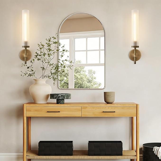 Modern Hardwired Frosted Glass Bathroom Wall Sconces, Handmade Knurled Brass Wall Light Fixture,Modern Vanity Light for Living Room,Hallway, Bedroom, 20" Indoor Wall Lamp, Bulb Included