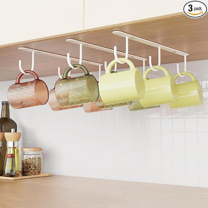 Luckinow 3 Pack Mug Hooks Under Cabinet, Coffee Mug Holder for Hanging Under Shelf, Cup Hanger with 9 Hooks for Displaying Mugs, Coffee Cups and Kitchen Utensils, White