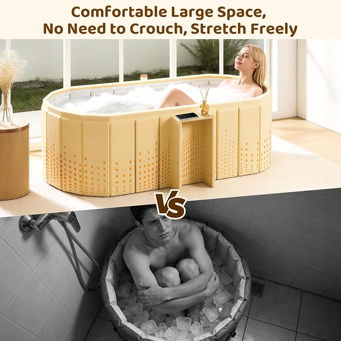 Portable Foldable Bathtub, Freestanding Bathtub No Installation, Bathroom SPA Soaking Bath Tub, Shower Stall Collapsible Hot & Ice Bath Tub (Yellow with Storage Rack, 59"L x 21.6"W x 19.6"H)