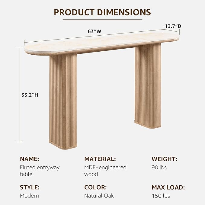OKD 63 Inch Modern Console Table with Arc Faux Marble Texture Top, Fluted Wood Base, Contemporary Entryway Sofa Table for Living Room, Hallway, Foyer, Natural Oak