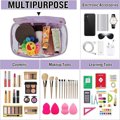 Chenille Letter Clear Makeup Bags Mama Pouch, Preppy Patch Makeup Bag Zipper with Handle, Transparent PVC & Nylon Waterproof Glitter Cosmetic Handbag Travel Toiletry Storage for Women(MAMA-Purple)
