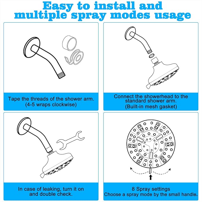 5.1-Inch Rainfall Shower Head with 63 Jets, 8 Spray Modes - Chrome Finish, Brass Angle-Adjustable, Anti-Clogging Silicone Nozzles