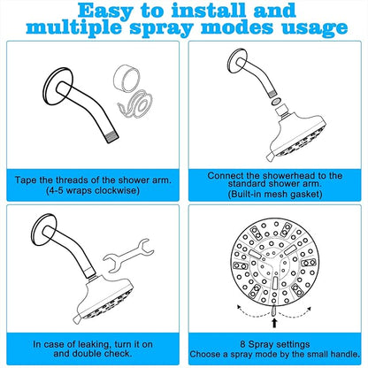 5.1-Inch Rainfall Shower Head with 63 Jets, 8 Spray Modes - Chrome Finish, Brass Angle-Adjustable, Anti-Clogging Silicone Nozzles