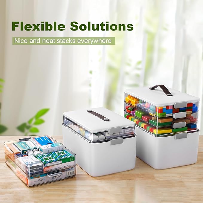 MOPALL 4-Tier Medicine Organizer Storage Box, Portable Latch Bin with Lid and Leather Handle, Cabinet Closet Organization for Home Office, Pill Bottle, First Aid, Sewing, Art, Craft