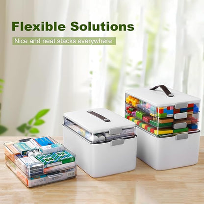 MOPALL 4-Tier Medicine Organizer Storage Box, Portable Latch Bin with Lid and Leather Handle, Cabinet Closet Organization for Home Office, Pill Bottle, First Aid, Sewing, Art, Craft