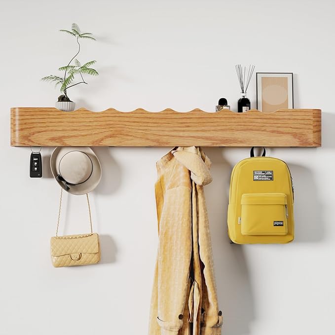 Coat Rack Wall Mount with Shelf 8 Hidden Hooks Modern Wooden Key Holder Entryway Organizer for Hallway Bedroom Bathroom Home Decor Storage for Hanging Coats Hats Bags Towels, Wave-Shape Oak