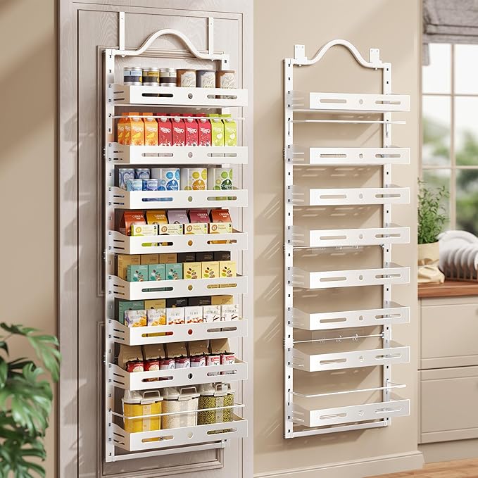 8-Tier Pantry Door Organizer, Large 2 IN 1 Wall Mount or Over The Door Pantry Organizer, Pantry Door Spice Rack with Adjustable Baskets, Over Door Organizer for Kitchen,（72.6×17.1×5.1in, White)