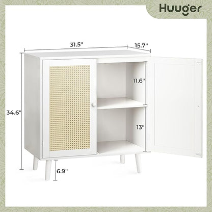 Huuger Buffet Cabinet with Storage, Storage Cabinet with PE Rattan Decor Doors, Solid Wood Feet, for Hallway, Entry, Living Room, White