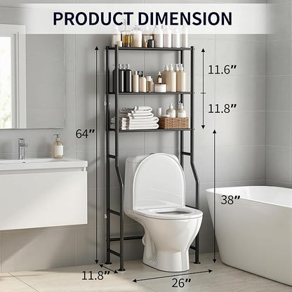 3-Tier Over The Toilet Storage, Freestanding Metal Bathroom Shelves, Space Saver Above The Over Toilet Storage Shelf for Bathroom (Black)