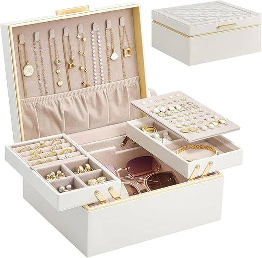 Lolalet Jewelry Box Organizer for Women Girls, 2 Layer Jewelry Organizers and Storage for Necklace Earrings Rings Bracelets, Large Jewellery Holder Case Birthday Gifts -Cream
