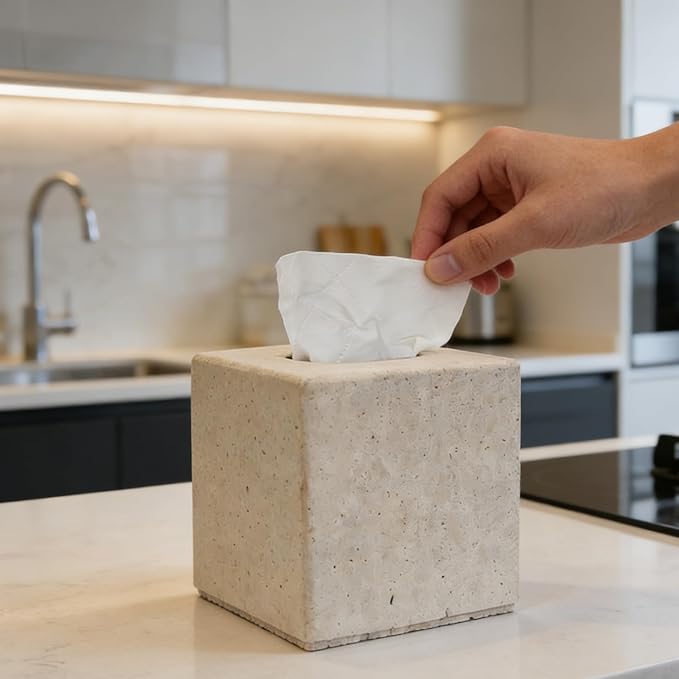 Travertine Tissue Box Cover, Vintage Style Napkin Holder, Square Tissue Box with Acrylic Board Bottom, Natural Heaty Duty Stone Toilet Paper Holder for Bathroom, Bedroom, Living Room