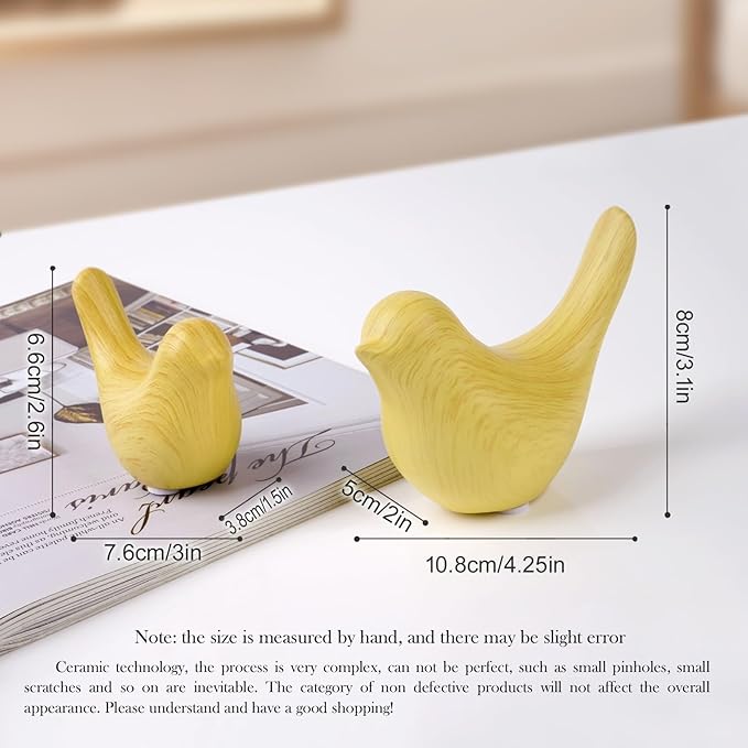 WhimWove 2 Pcs Ceramic Small Bird Figurines Modern Animal Statues for Home 、Room Decor and Bedroom Decor and Bookshelf Display (Light Wood Grain)