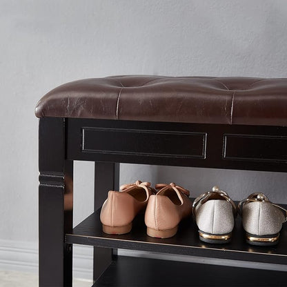 Shoe Storage Bench with Cushion, Entry Bench with Storage Solid Wood Shoe Bench Ideal for Entryway Living Room and Corridor (Black, 31.5'')