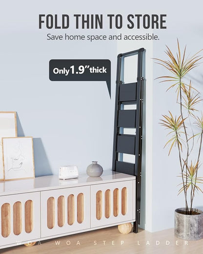 WOA WOA 5 Step Ladder, Ladders for Home, Anti-Slip Pedals, Step Stool Foldable, Lightweight to Move, Ease of Storage, Reach 10ft for Closet Kitchen Library, Hold 300lbs - Black