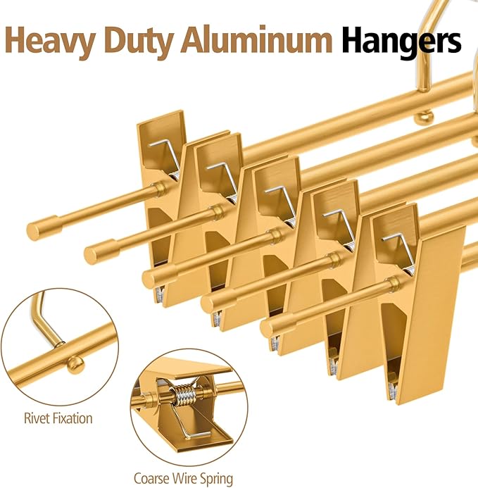 Matte Gold Aluminum Pants Hangers with 360°Swivel Hooks & Non-Slip Adjustable Clips, Lightweight, Durable, Space-Saving Closet Organizer for Trousers, Skirts, Jeans, Scarf, Kids&Adults, 10 Pack