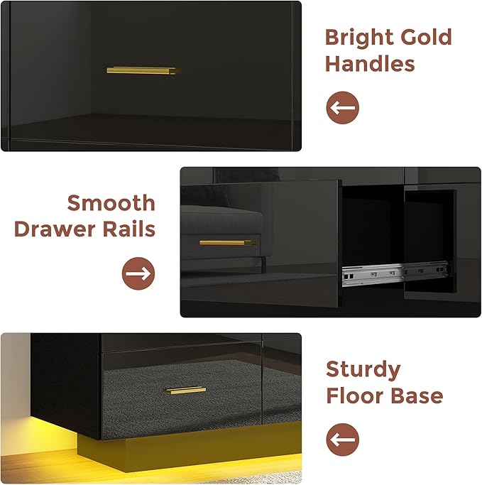 9 Drawer Dresser for Bedroom, 55'' W Highly Reflective Modern Chest of Drawers with LED Light, Wooden Dresser Organizer Cabinet for Living Room, Entryway (Black)