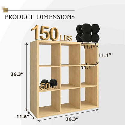 WannabeMyself【2026 Wooden Thick Frame】 9 Cube Storage Organizer with Anti-Tipping Kits, Reversible Open Back Book Shelf,Bookcase for Living Room,Bedroom,Entrance Hall,Office,11.6×36.3×36.3,Oak Color