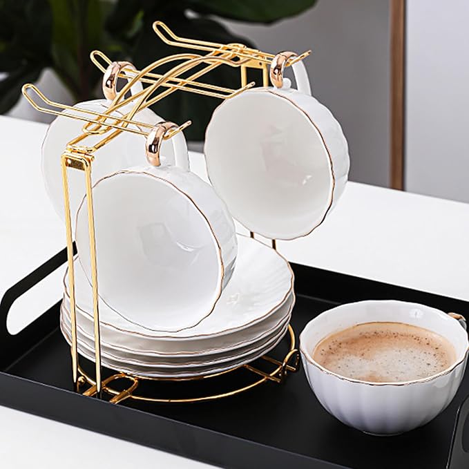 Tea Cups and Saucers Holder,Metal Tea Cups Coffee Cups Rack,Organizer for Coffee Cup Spoon and Saucers (Gold)