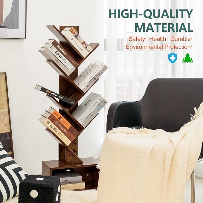 Yoobure Tree Bookshelf - 6 Shelf Retro Floor Standing Bookcase, Tall Wood Book Storage Rack for CDs/Movies/Books, Utility Book Organizer Shelves for Bedroom, Living Room, Home Office, Rustic Brown