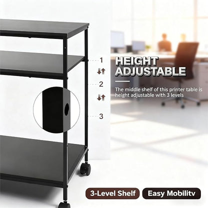 Heavy Duty 3-Tier Printer Stand with Locking Wheels, 23.6"x18.9" *31.5" Large Printer Table Shelf, Holds 100 lbs per Shelf - Fits Most 60" Desks, Perfect for Office, Home, Laser Printer or Mini Fridge