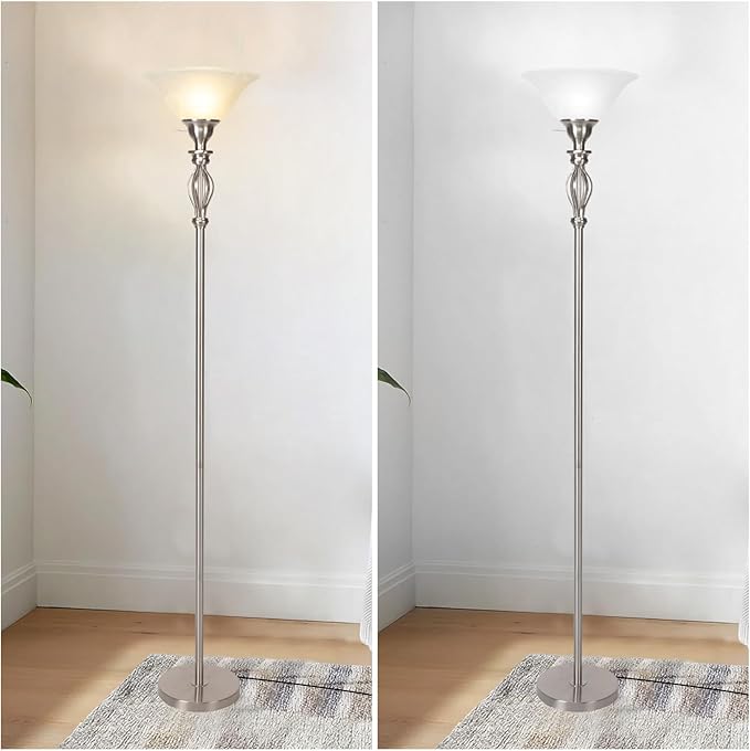 HonoDing Torchiere Floor Lamps for Living Room & Bedroom – Stand Up Lamp with Corner Floor Lamp Design – Traditional Iron Scroll 70" Tall Alabaster Glass Bowl Shade (Brushed Nickel)
