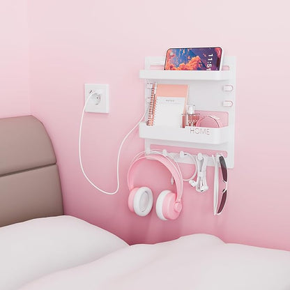 Yieach Bedside Wall Organizer for Dorm Bed,Rv,Small Room and Nightstand,Wall Mounted Floating Shelves and Bedside Shelf for Remote,Phone Holder,Charging Shelf,Cute Bedroom Decor for College Girl,White