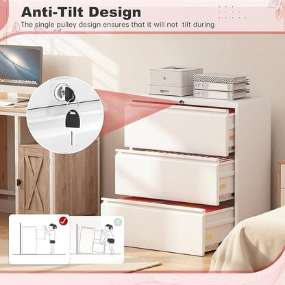 Superday Lateral File Cabinet 3 Drawer Metal File Cabinet with Lock, White Filing Cabinets for Home Office, Locking Filing Cabinets Hanging Files Letter/Legal/F4/A4
