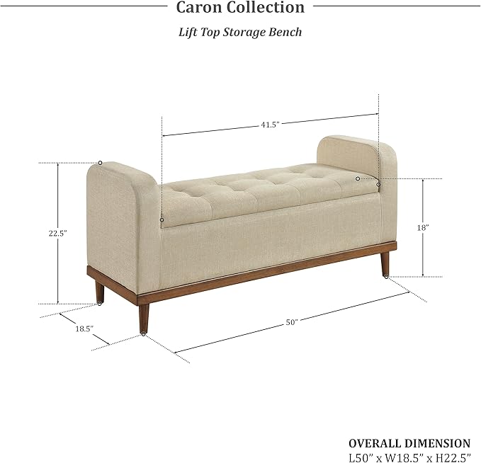 Lexicon Armed Fabric Storage Bench, Button-Tufted Storage Ottoman Bench, Lift-top Bench with Solid Wood Frame and Legs for Hallway, Bedroom End of Bed, Entryway, Living Room, Brown