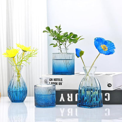 Mapoxy Glass Bud Vases Set of 4,Small Deep Blue Flower Vases for Wedding Centerpiece Table Decorations,Clear Vintage Embossed Mini Vases,Flower Arrangements in Vases for Party or Home Decor