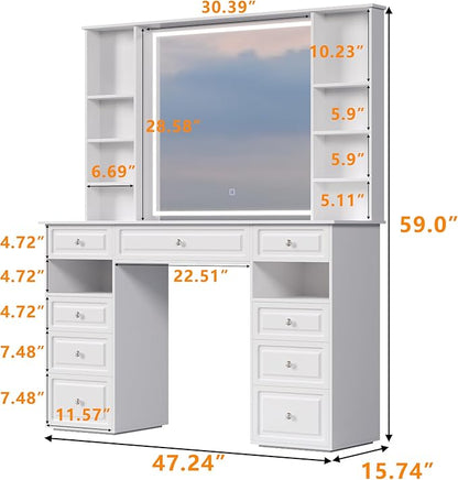 Makeup Vanity Desk with Mirror and Lights, 47" Large Vanity Table with 9 Drawers & 10 Open Storage Shelves, Brightness Adjustable, Dressing Table for Bedroom, Women Girl (White, A Panel)