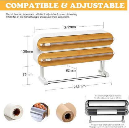Magnetic Plastic Wrap Dispenser with Cutter - Quasziwa Refillable Tin Foil and Plastic Wrap Organizer for Kitchen, Aluminum Foil Dispenser with Paper Towel Holder Wall Mount - Fits 12" Roll, White