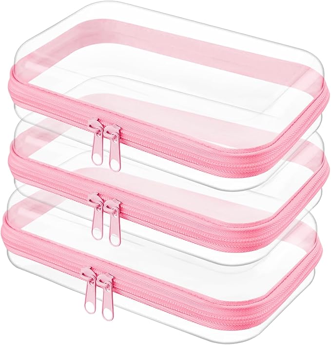 Topfinder Clear Hard Shell Zipper Case,Clear Toy Storage Pouch,Waterproof Transparent Organizer Comestic Case for Travel, Office, Home (Pink, 3*S)