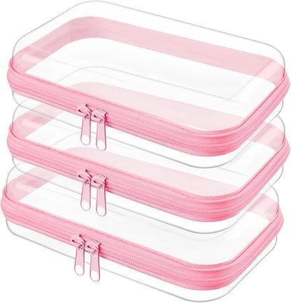 Topfinder Clear Hard Shell Zipper Case,Clear Toy Storage Pouch,Waterproof Transparent Organizer Comestic Case for Travel, Office, Home (Pink, 3*S)