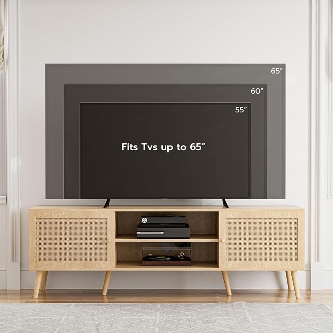 ZttRiee TV Stand for TVs up to 65'', Entertainment Center With Rattan Door, Shelves & 2 Cabinets, Long Boho Media Console for Living Room, Natural