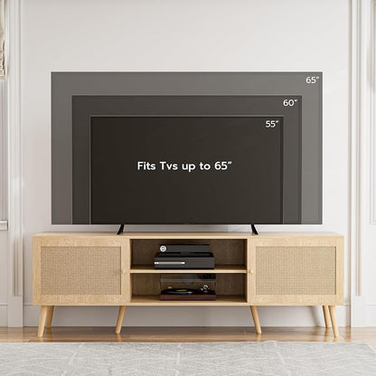 ZttRiee TV Stand for TVs up to 65'', Entertainment Center With Rattan Door, Shelves & 2 Cabinets, Long Boho Media Console for Living Room, Natural
