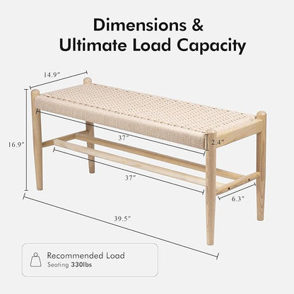 Solid Wood Entryway Bench with Shoe Storage, Rustic Oak Wood and Woven Design 39.4 Inch Long Seating for Living and Dining Rooms,Nature