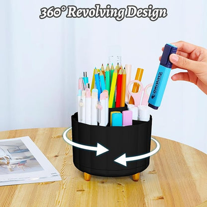 Pencil Holder for Desk 360 Rotating, Pen Holder for Desk or Classroom, Pencil Cup & Pen Organizer, Rotating Caddy, Makeup Brush Holders with 6 Slots, Black